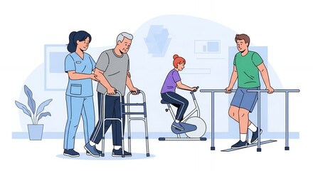 Stroke Rehabilitation Session with Nurse Assisting Elderly Man Using Walker Exercise Bike and Parallel Bars in a Light Blue and White Medical Setting Illustration