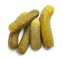 Tasty pickled cucumbers on white background