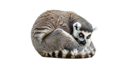 Naklejka premium Ringtailed Lemur Curled Up Isolated on White Background.