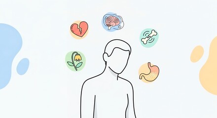 Stylized Human Figure with Colorful Health Icons on White Background Representing Holistic Wellness and Wellbeing in a Clean Minimalist Graphic Style