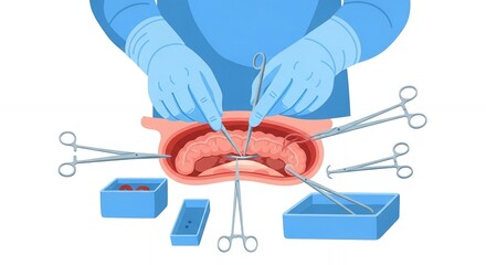 Surgical Procedure Illustration Featuring Blue Gloved Hands Operating with Instruments on Incision Set Against White Backdrop