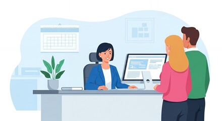 Woman Explaining Medical Insurance Policy to Couple at Desk in Office with Computer Calendar and Diagram Communication in Modern Flat Design Style with Blue Pink Green Color Scheme