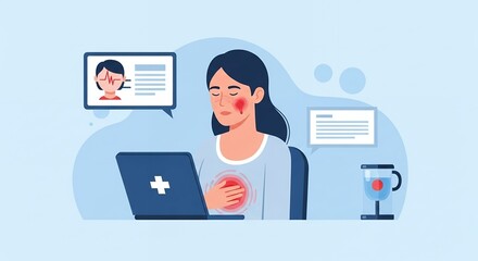 Woman Experiencing Face and Chest Pain with Laptop on Light Blue Background Health Illustration