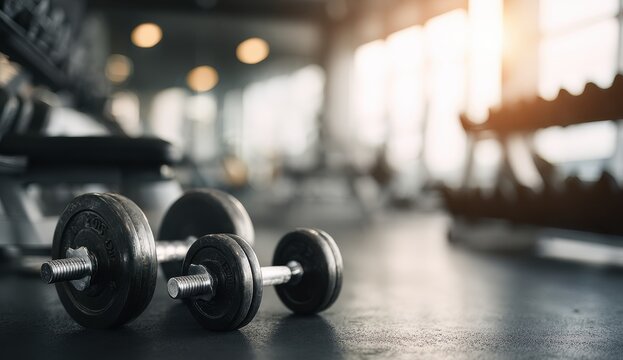 Gym dumbbells on floor, blurry background