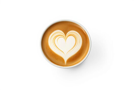 A cappuccino with a perfectly formed heart latte art design in a disposable paper cup, isolated on white,  drinkware,  food photography