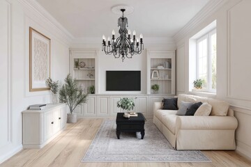 Bright living room with pale beige walls, wood floors, sofa, and dark chandelier