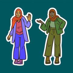 Cartoon Illustration of Two Women Wearing Hijabs and Posing in Stylish Outfits