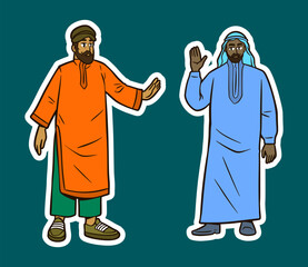 Cartoon illustration of two Muslim men in diverse cultural attire