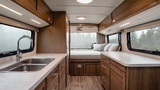 Interior of a cozy camper van, featuring a kitchen area and a sleeping alcove.  Wood cabinetry and countertops blend with a neutral color palette