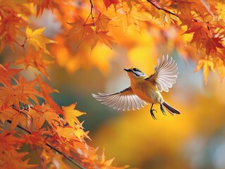 Obraz premium 紅葉の楓の中を羽ばたく小鳥