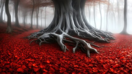 Massive tree roots in a misty forest floor covered in red leaves.