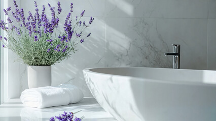 lavender sachet near tub, for spa product promotion, wellness-themed social media post, product detail image for natural bath accessories, Scandinavian interior style,