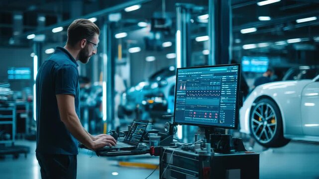 Automotive Engineer Running Diagnostics in High-Tech Car Repair Facility