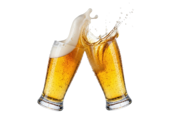 Two identical, frosty pilsner glasses filled with golden lager beer, erupting a large splash of foam and liquid as they clink, frozen in mid-air on a transparent background with professional studio