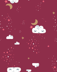 Cute and dreamy seamless vector pattern with happy clouds, crescent moons, and twinkling stars scattered across a warm burgundy backdrop. Designed for baby sleepwear, children’s bedding, nursery decor