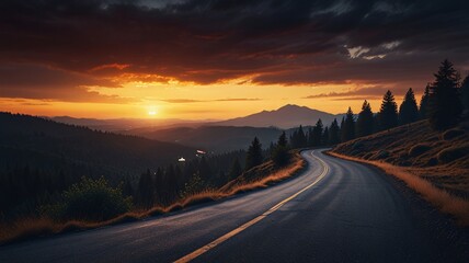 Winding Mountain Road at Sunset – Cinematic Forest Landscape Art V5