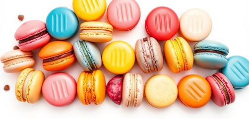 Obraz premium A colorful assortment of macarons in various flavors arranged on a white background, sweets, food