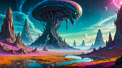 Obraz premium Huge, fantastic, creepy alien ship rises above the surface of the earth against backdrop of jagged mountains and blue sky. Fairy tale character. Copy space for text.