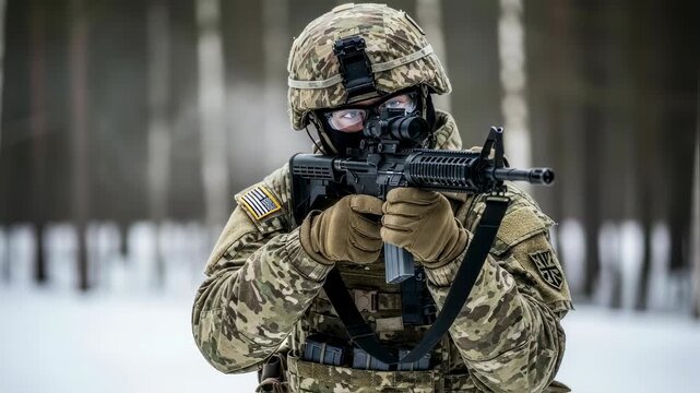 Soldier in camouflage uniform aiming assault rifle with scope on winter snowfield, military training footage.