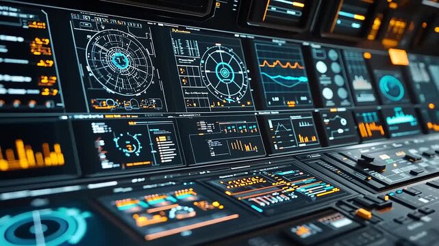 Futuristic control panel interface with advanced data visualization and indicators