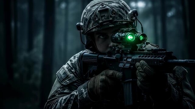Soldier in forest operating an assault rifle with green night vision binoculars, tactical combat action footage.