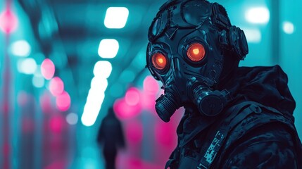 Naklejka premium Cyberpunk Gas Mask Warrior in Neon Cityscape