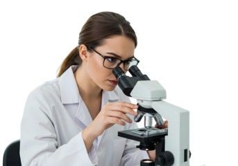 Focused Female Scientist Using a Microscope in a Laboratory Setting on Transparent background