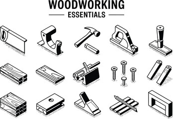 Isometric illustration of woodworking tools including saw hammer and wood planks