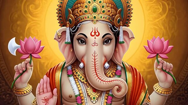 Vibrant Ganesh illustration for Diwali festival with lotus flowers and golden halo, perfect for cultural events and spiritual promotion