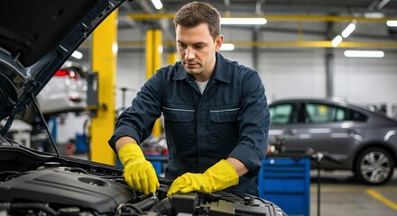 young man in car, Mechanic works on car in garage with open hood. Man in blue jacket, yellow gloves repairs engine in clean organized automotive workshop with many cars surrounding. Vehicle maintenanc
