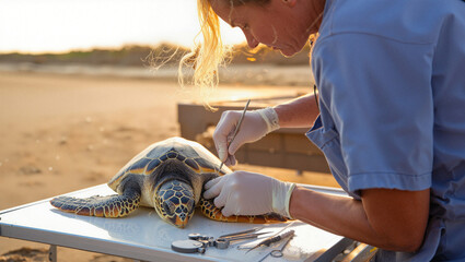 Veterinarian performing care on a sea turtle at sunset on the beach