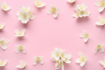 Frame made of beautiful jasmine flowers on pink background