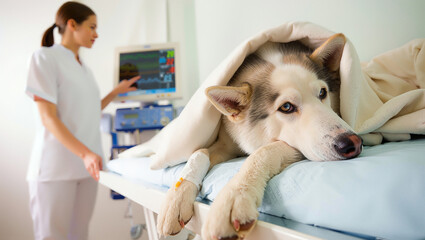 Veterinary nurse provides care to a sick dog in a clinic setting during the day