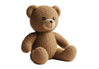 A plush brown teddy bear with soft, well-loved fur, button eyes, and an endearing smile, sitting upright on a transparent studio background with soft, diffused lighting, embodying cherished