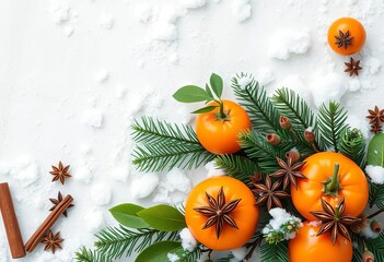 A festive Christmas frame of tangerines, fir, cinnamon, and star anise on a winter background  Copy space provided,  texture,  background