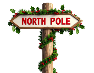 Festive North Pole signpost decorated with candy cane stripes and holly isolated on transparent background PNG (2).jpg