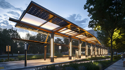 Obraz premium Illuminated bus stop with solar panels and benches in a park setting at dusk with trees around it .