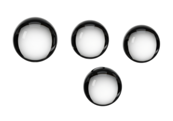 Four distinct, perfectly spherical, crystal clear water droplets with pristine internal refractions and highly reflective surfaces, macro extreme close-up on transparent, shadowless background,