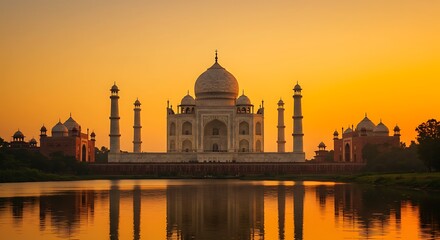 Magnificent Taj Mahal at Sunrise with River Reflection Golden Light Agra India Tourism and Travel Photography