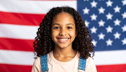 Girl smiling in front of American flag (1)