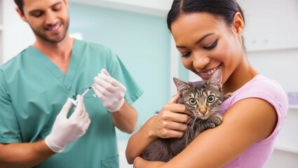 Veterinarian provides care while a woman holds her cat in a clinic environment
