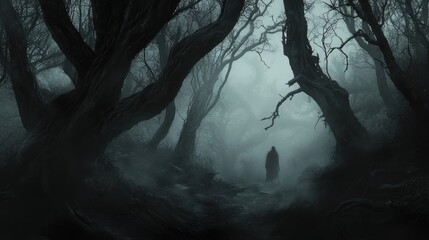 A solitary figure shrouded in mystery walks through a dark, misty forest. The gnarled trees and eerie atmosphere create a sense of unease and suspense.