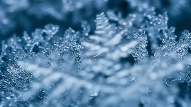 Macro shot of intricate translucent ice crystals forming a textured surface