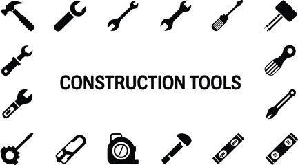 Fototapeta premium A collection of black construction tools icons arranged on a white background grid