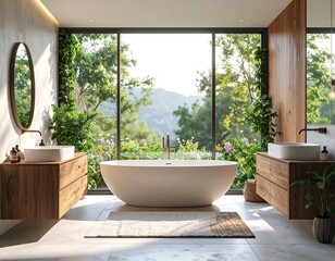 Modern bathroom with freestanding tub, wood vanities, and large window overlooking lush greenery
