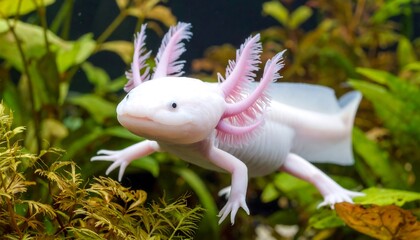 Albino axolotl swimming in an aquarium, surrounded by aquatic plants