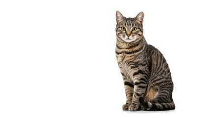 Obraz premium Tabby Cat Sitting on White Background Studio Shot.