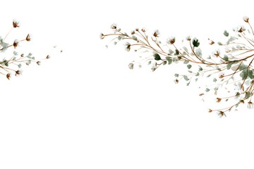 A simple, delicate watercolor border of tiny flowers and vines in soft greens and browns, set against an empty white background for easy designs.