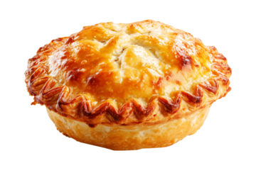 Mince and cheese pie with golden brown crust and melted cheese topping, isolated on white transparent background, concept of New Zealand fast food