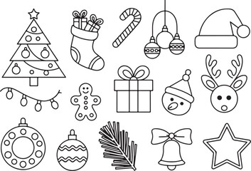 Festive christmas elements outlined in a simple line drawing